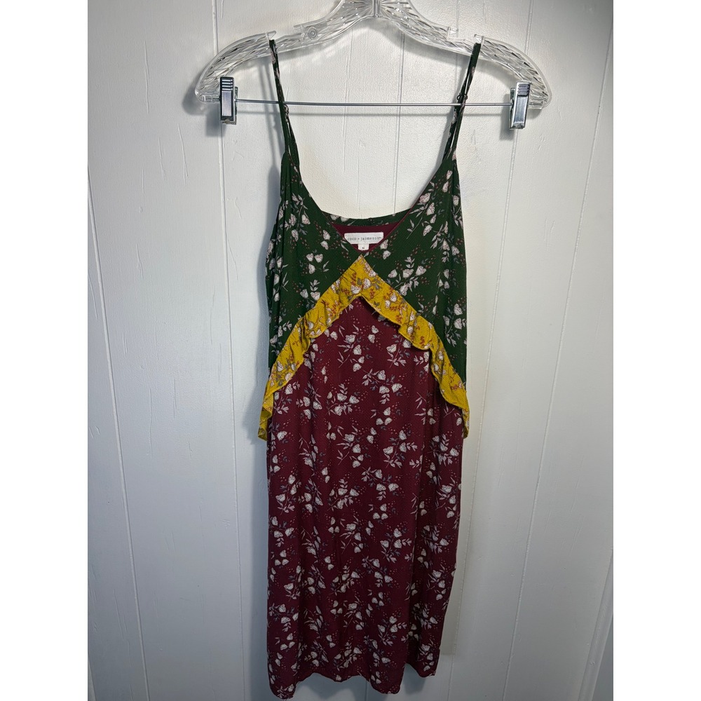Coco + Jaimeson Floral Colorblock Ruffle Slip Dress CD3094-20R Burgundy Green M